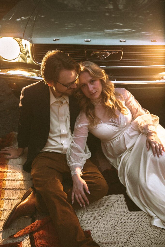 cinematic 60s engagement session with 67 ford mustang 