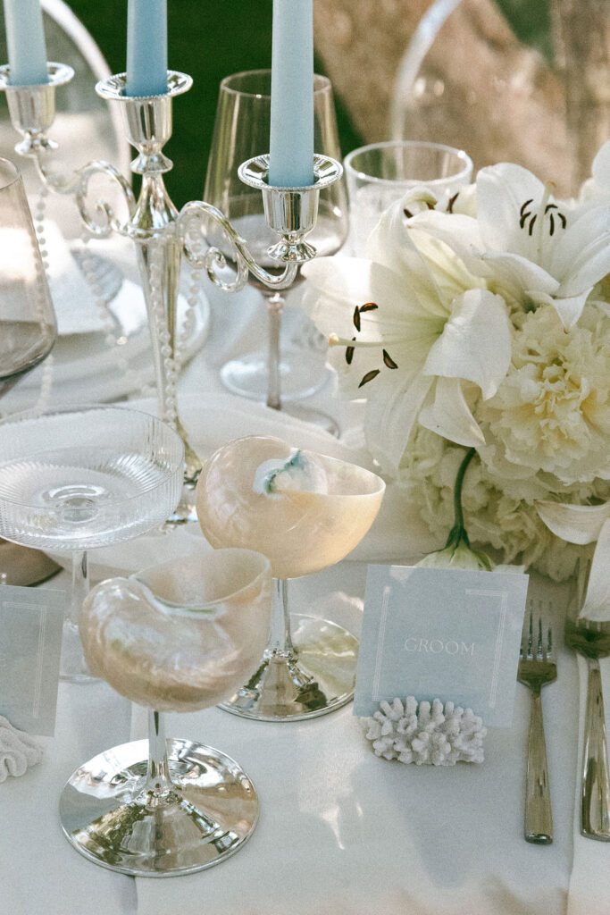 modern coastal table setting for a wedding table